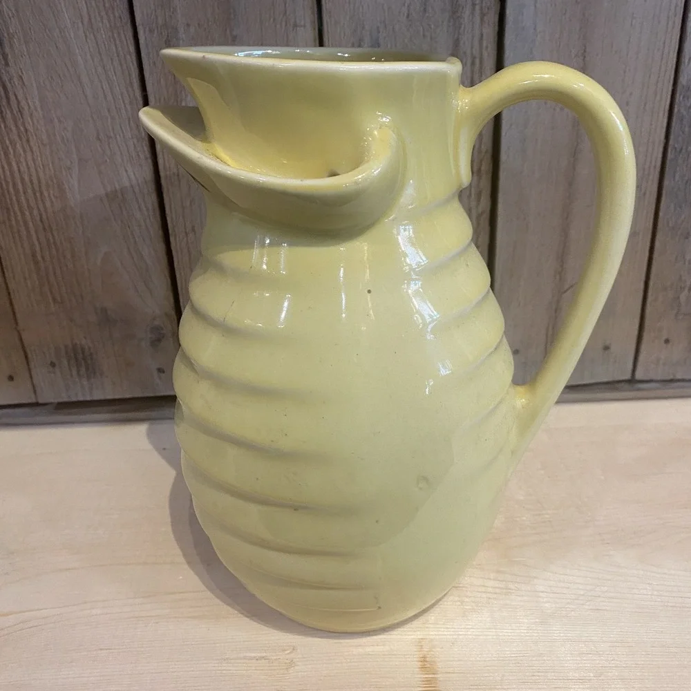 VTG MCM Ringware Yellow Ceramic Ribbed Pitcher Jug Flower Frog Spout Unique 9